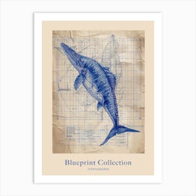 Icthyosaurus Dinosaur Blue Print Sketch 2 Poster Art Print