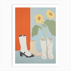 A Painting Of Cowboy Boots With Sunflower Flowers, Pop Art Style 3 Art Print