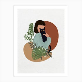 Minimal art Illustration Of A Woman Holding A Cat and plant Art Print