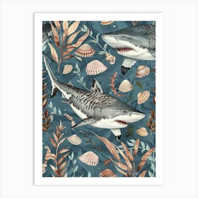 Pastel Blue Tiger Shark Watercolour Seascape Pattern 1 Art Print