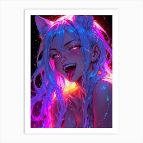 Cat girl cosplay — a neon beauty with cat ears and captivating pink hues, she embodies fantasy in the cyberpunk anime realm. Art Print