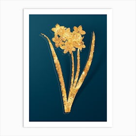 Vintage Narcissus Easter Flower Botanical in Gold on Teal Blue n.0265 Art Print