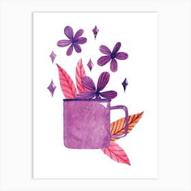 Watercolor Coffee Cup With Purple Flowers Art Print