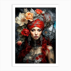 Woman With Red Hair And Flowers Art Print
