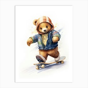 Skateboarding Teddy Bear Painting Watercolour 2 Art Print