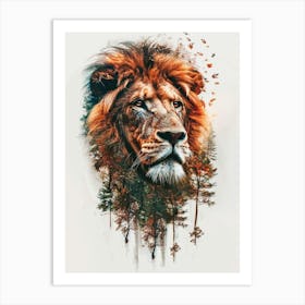 Double Exposure Realistic Lion With Jungle 12 Art Print