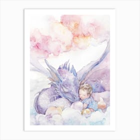 Watercolor Painting Of A Petite Winged Baby Dragon Sleeping Peacefully In The Embrace Of Its Prote Art Print