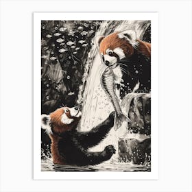 Red Panda Catching Fish In A Waterfall Ink Illustration 3 Art Print