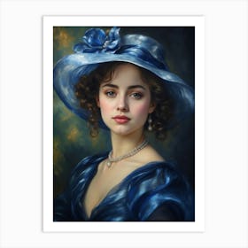 Portrait Of A Woman In Blue Hat Art Print