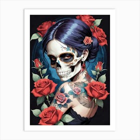 Sugar Skull Girl With Roses Painting (1) Art Print