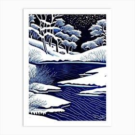 Snow Melting Into Water Waterscape Linocut 1 Art Print