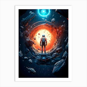 Explore the cosmic symphony, an intrepid astronaut steps into the galactic portal, venturing beyond stars into the unknown. Space adventure awaits! Art Print