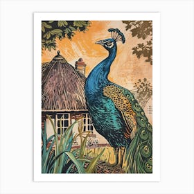 Blue Mustard Peacock By A Cottage Linocut Inspired 2 Art Print