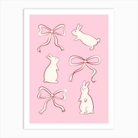 Ribbon Bows and Bunnies in red and Pink Art Print