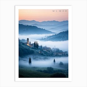 Landscape Melding Fog Covered Villages With Silhouettes Of Trees And Buildings Against A Misty Backd Art Print