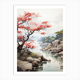 Rikugien Garden In Tokyo, Japanese Brush Painting, Ukiyo E, Minimal 2 Art Print