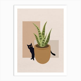 Minimal art of cat behind the door 1 Art Print