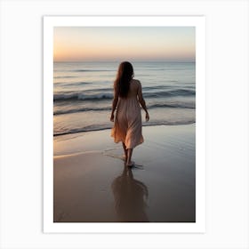 Woman Walking On The Beach At Sunset Art Print