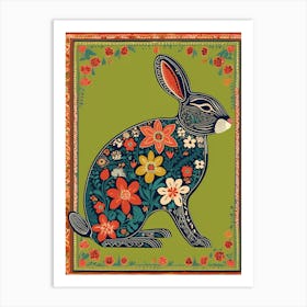 Rabbit With Flowers, folk art, 1453 Art Print