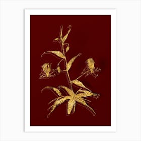 Vintage Flame Lily Botanical in Gold on Red n.0414 Art Print
