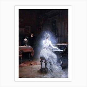 Spirit at the Piano 1885 by George Roux - A Ghostly Apparition Victorian Spectral Art For Gallery or Feature Wall Decor Iconic Famous Oil Painting of Gentleman and Lady in Stately Home HD Remastered High Resolution Art Print