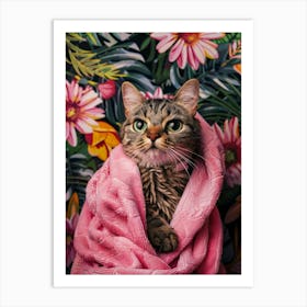 Cat Wrapped In Pink Towel Art Print