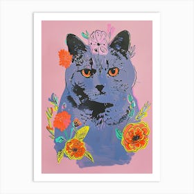 Cute British Shorthair Cat With Flowers Illustration 2 Art Print