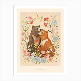 Folksy Floral Animal Drawing Brown Bear 5 Poster Art Print