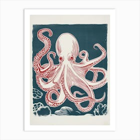 Red Octopus In The Ocean Linocut Inspired  1 Art Print