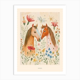 Folksy Floral Animal Drawing Horse Poster Art Print