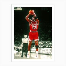 Michael Jordan Of The Chicago Bulls Takes A Jump Shot During A Basketball Game Against The Washington Bullets At The Capitol Centre Art Print