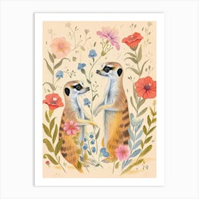 Folksy Floral Animal Drawing Meerkat 2 Art Print