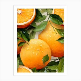 Vibrant Orange Fruit Illustration – Fresh Citrus Art With Dewy Leaves Art Print