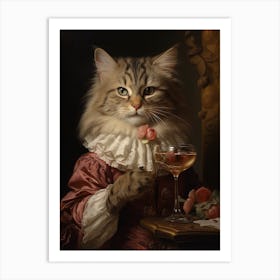 Cat Drinking Wine Rococo Style 4 Art Print