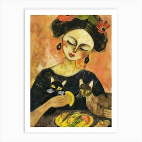 Portrait Of A Woman With Cats Eating Tacos 1 Art Print