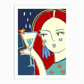 Abstract woman with glass of wine, Abstract art, Retro print, Party mood Art Print