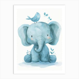 Small Joyful Elephant With A Bird On Its Head 5 Art Print