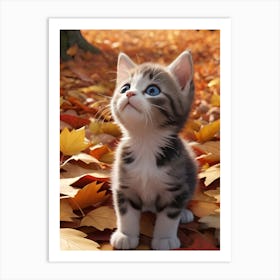 Kitten In Autumn Leaves Art Print