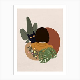 Minimal art Illustration Of A Woman With A Cat and plant Art Print
