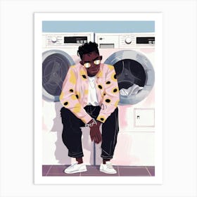 Man Sitting Next To Washing Machines Art Print