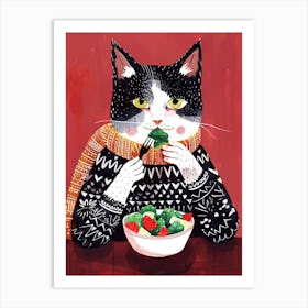 Black And White Cat Eating Salad Folk Illustration 5 Art Print