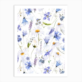 Blue And White Scandinavian Midsummer Wildflowers Meadow Art Print
