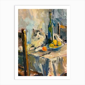Grey Cat With Oranges And Wine Art Print