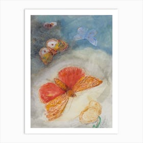 Papillons Et Fleur (Quatre Papillons Et Une Fleur), Odilon Redon Art Print
