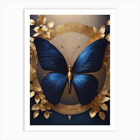 Blue Butterfly In Gold Frame Art Print