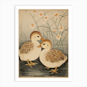 Ducklings With The Daffodils Japanese Woodblock Style Art Print