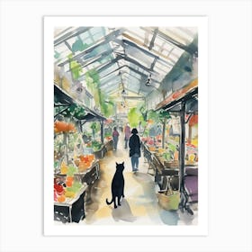 Food Market With Cats In Kyoto 2 Watercolour Art Print