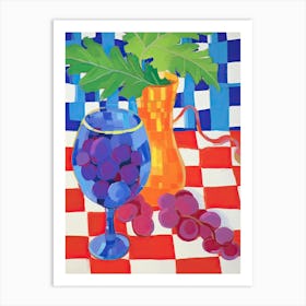 Grapes On Checkered Table, Colourful Tones, Frenchch Riviera In Matisse Style 1 Art Print