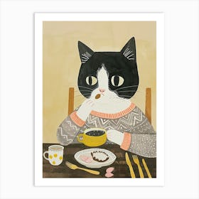 Grey Cat Having Breakfast Folk Illustration 1 Art Print