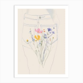 Blue Jeans Line Art Flowers 5 Art Print